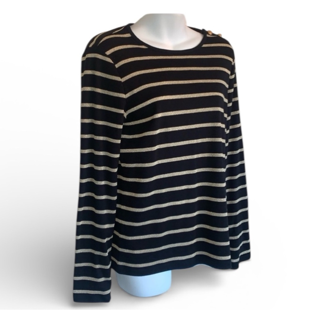 Lauren Ralph Lauren sweater Woman's, M, Black with gold stripe, gold buttons EUC